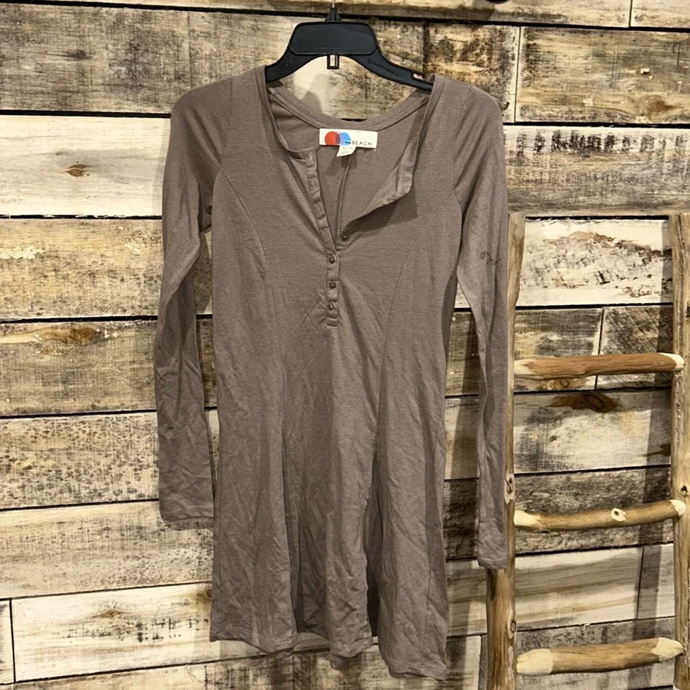 Free People Taupe Long-Sleeve Henley Mini Dress